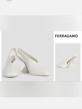 FERRAGAMO Sloane 85 Leather Slingback Heels in Off-White Sz 7½